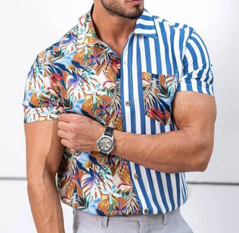 

2022 New Men's Shirt Hawaiian Casual Printing Striped Clothes Slim Short Sleeve Turn-Down Collar Brand Shirts