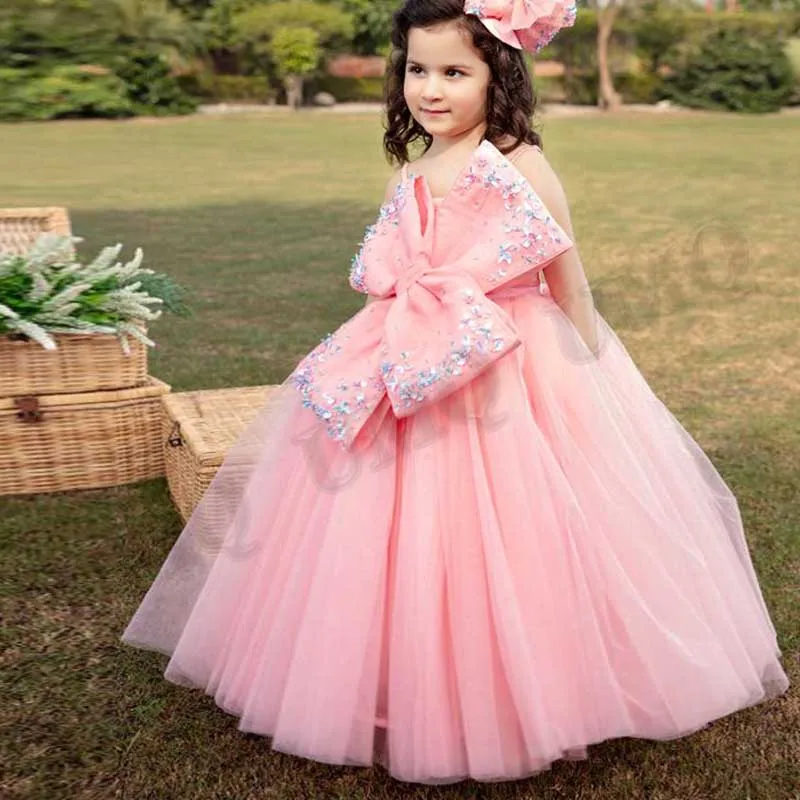 

Big Bow Peach PinkToddler Crystals Flower Girl Dresses Birthday Costumes Wedding Photography Gown Customised First Communion