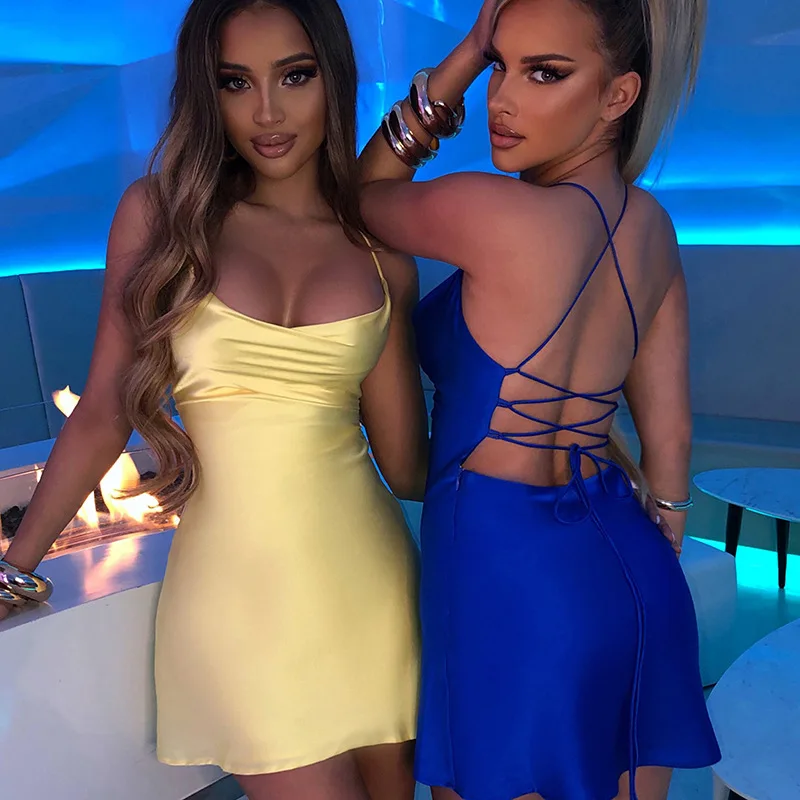 

Женское атласное мини-платье на бретельках, элегантное облегающее платье с перекрестной шнуровкой и открытой спиной, сексуальное облегающ...