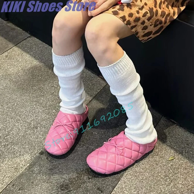 

Розовые стеганые тапочки с бантом, удобная повседневная обувь на плоской подошве, с круглым носком, со стразами