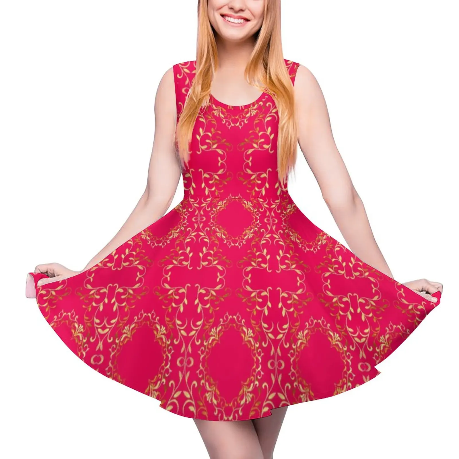 

Gold Baroque Dress Floral Print Modern Dresses High Waist Streetwear Big Size Skate Dress Women Printed Vestidos
