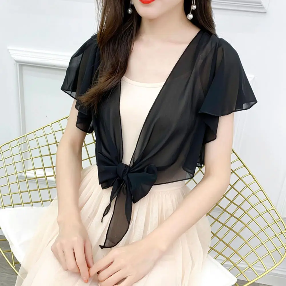 

Exposed Navel Stylish Ladies Sweet Chiffon Thin Sunscreen Short Jacket Front Lace-up Crop Coat Solid Color Female Clothes