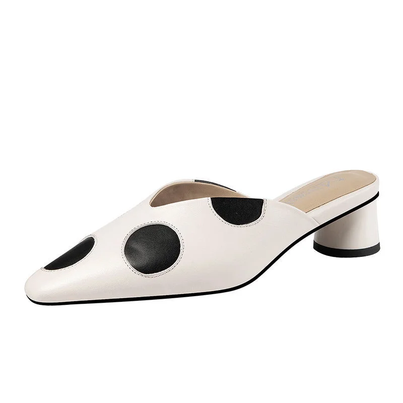 Big Dot Mid Heels Slippers Women Summer Shoes Sexy Sandals Leather Mules Shallow Slides High Heel Shoes Zapatos De Mujer
