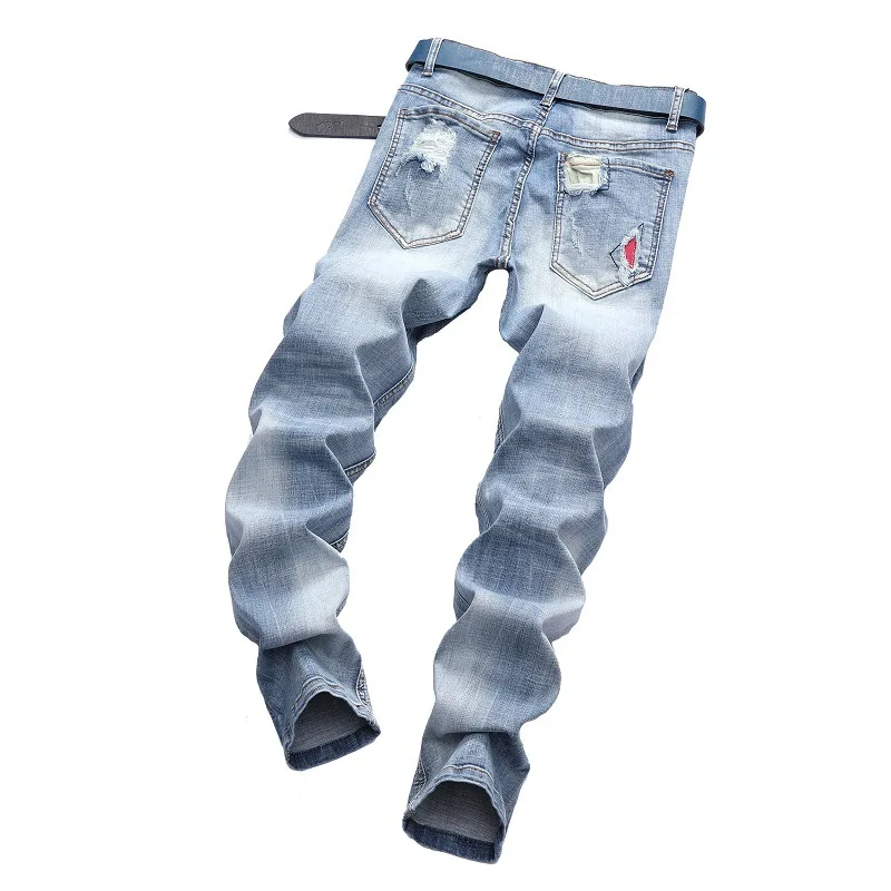Mens Jeans Light Color Stretch Motorcycle Denim Pants Fashionable Men's Ripped Jeans Spring and Autumn Full Length Trousers