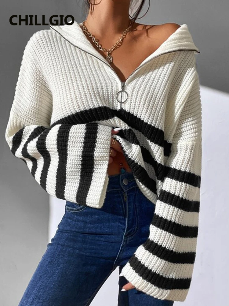 

CHILLGIO Women Striped Zipper Knitted Sweater Fashion Autumn Casual Elegant Tricot Long Flare Sleeves Party Loose Knit Pullovers