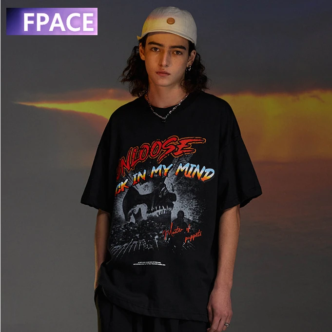 

2022 Spring and Summer New Street Hip-Hop Trendy Rock Moment Theme Printed Loose Short Sleeve T-shirt for Men