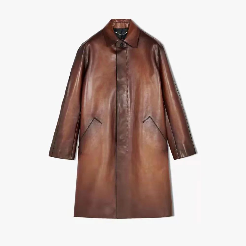 

Коричневый длинный кожаный тренчкот # wfmde010