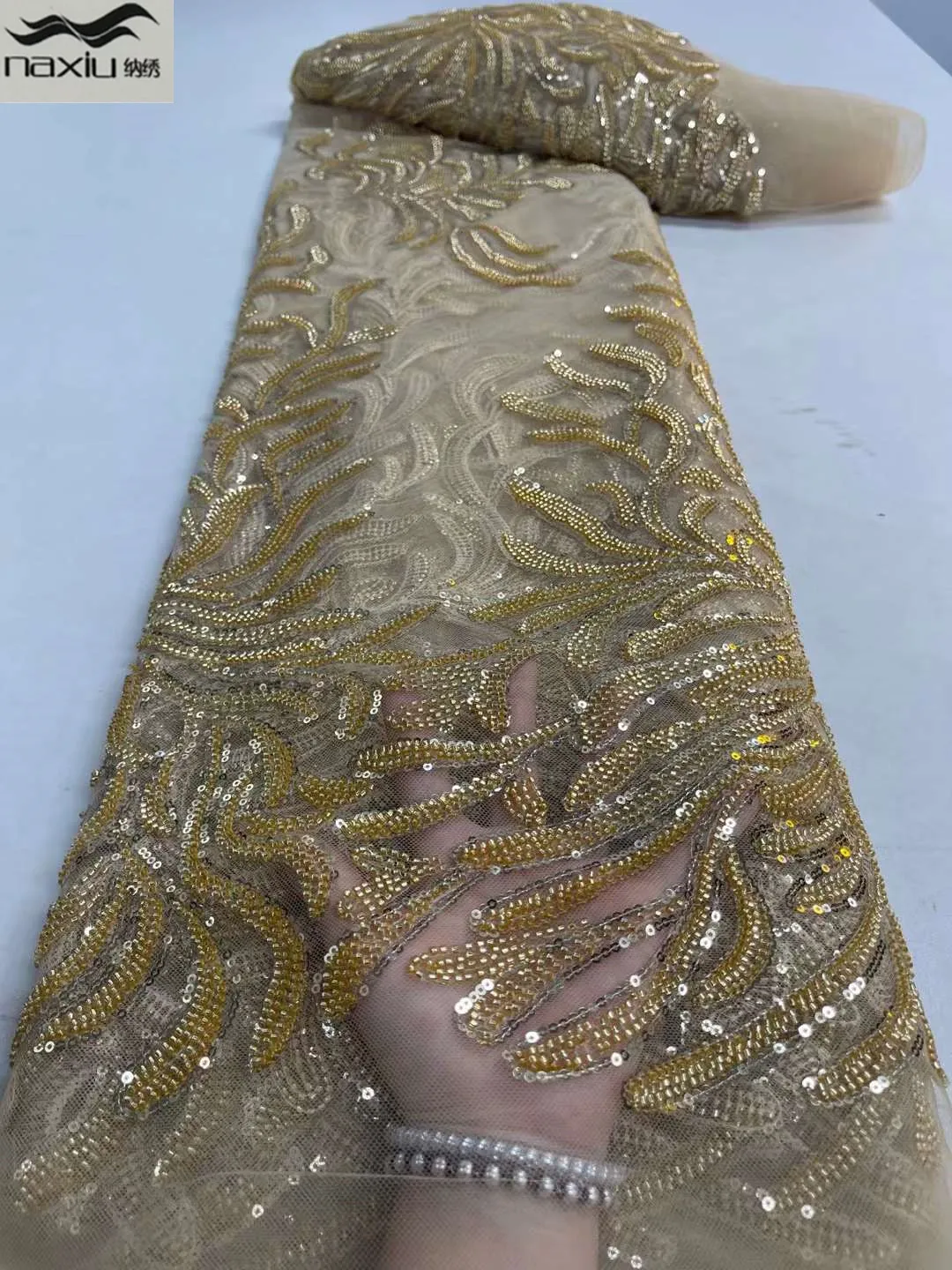 

Madison Heavy Handmade Beaded Lace Fabric High Quality 2022 African French Mesh Tulle Lace Fabric for Nigerian Party Wedding