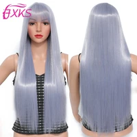gray long straight hair synthetic wigs with bangs silver brown light pink synthetic hair wigs high temperature fiber 28inch fxks