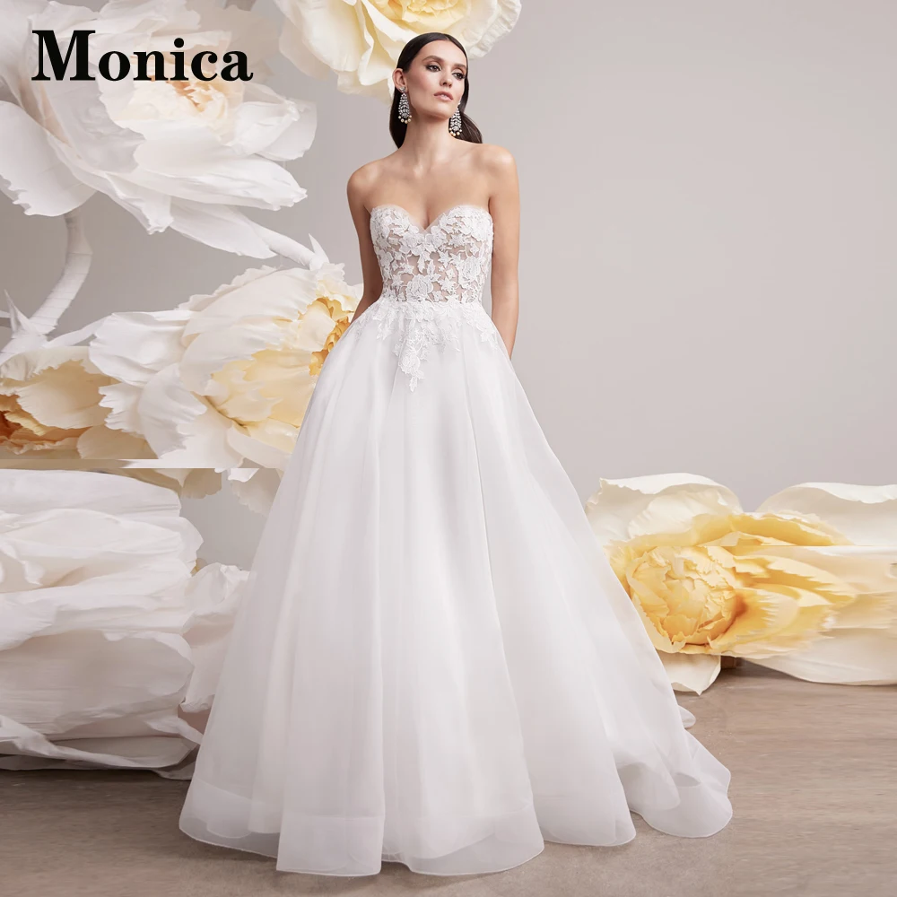 

MONICA Classic Sleeveless Wedding Dresses For Bride Sweetheart Appliques Tulle Court Train A-LINE Backless Vestidos De Novia
