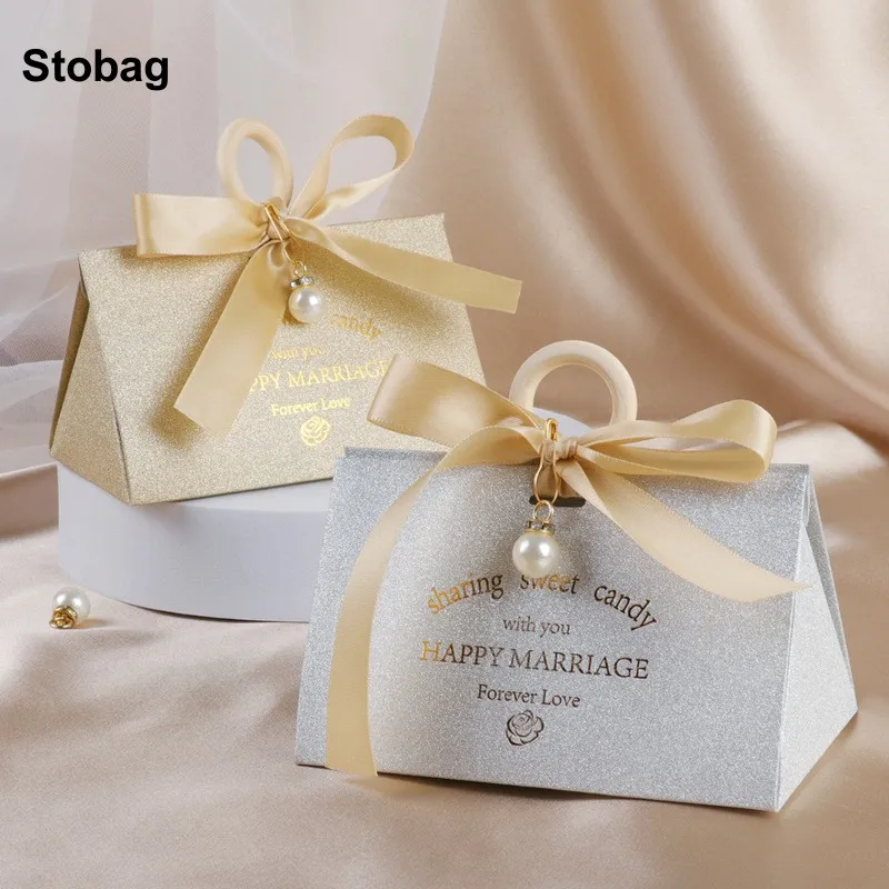 

StoBag 5pcs Candy Gift Packaging Box Bag Wedding Ribbon Tote Jewelry Sweet Storage Handbag Pocket Pouches Favor Party Supplies