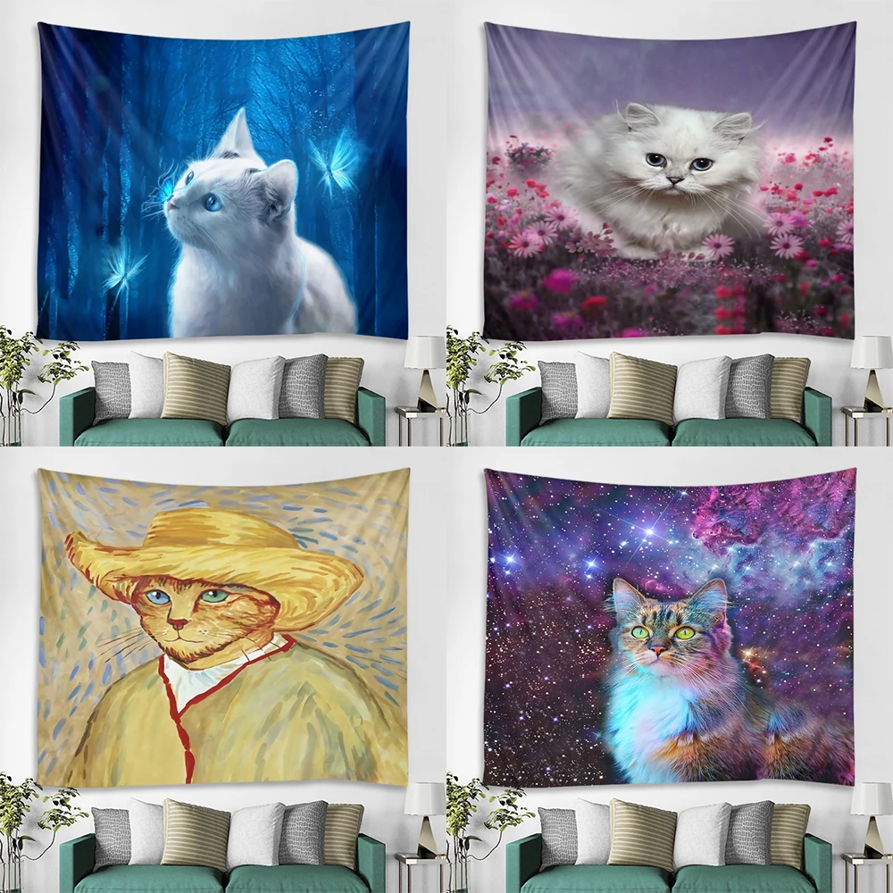 

Настраиваемый гобелен с рисунком кошек и собак, настенное украшение в стиле хиппи, богемное настенное покрытие, гобелен, художественное украшение