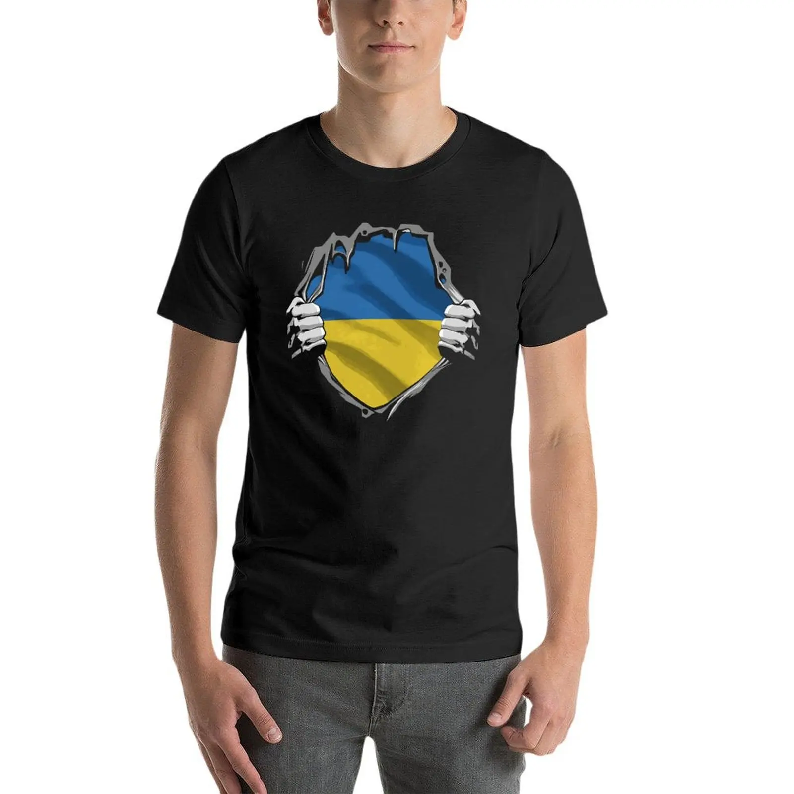 

Ukrainian Superhero Under Ukraine Flag Oversize T-Shirt Custom Mens Clothes 100% Cotton Streetwear Big Size Top Tee