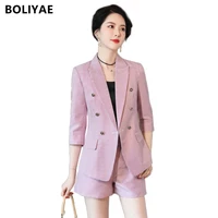 2022 women fashion vintage v neck two pieces ol middle sleeve office lady jacket slim blazer coat female hight waist shorts suit