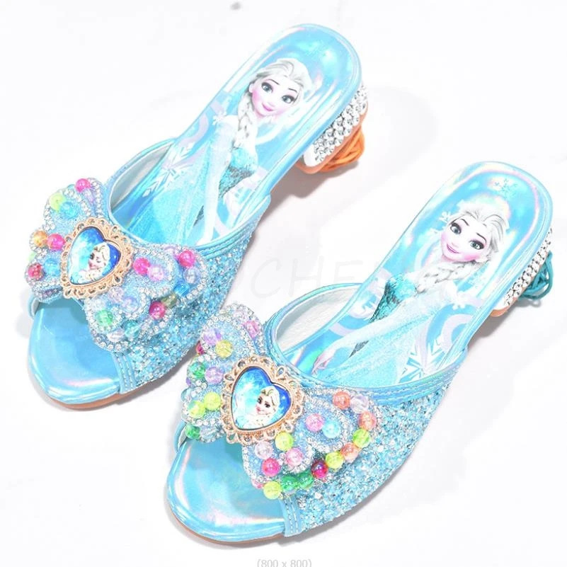 Тапочки детские на высоком каблуке обувь Холодное сердце Эльза с бантом