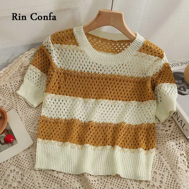 

Rin Confa Korean Fashion Striped Hollow Out Short t-Shirt Women Summer New O-Neck Thin Top All-Match Loose-Fitting Thin T-Shirt
