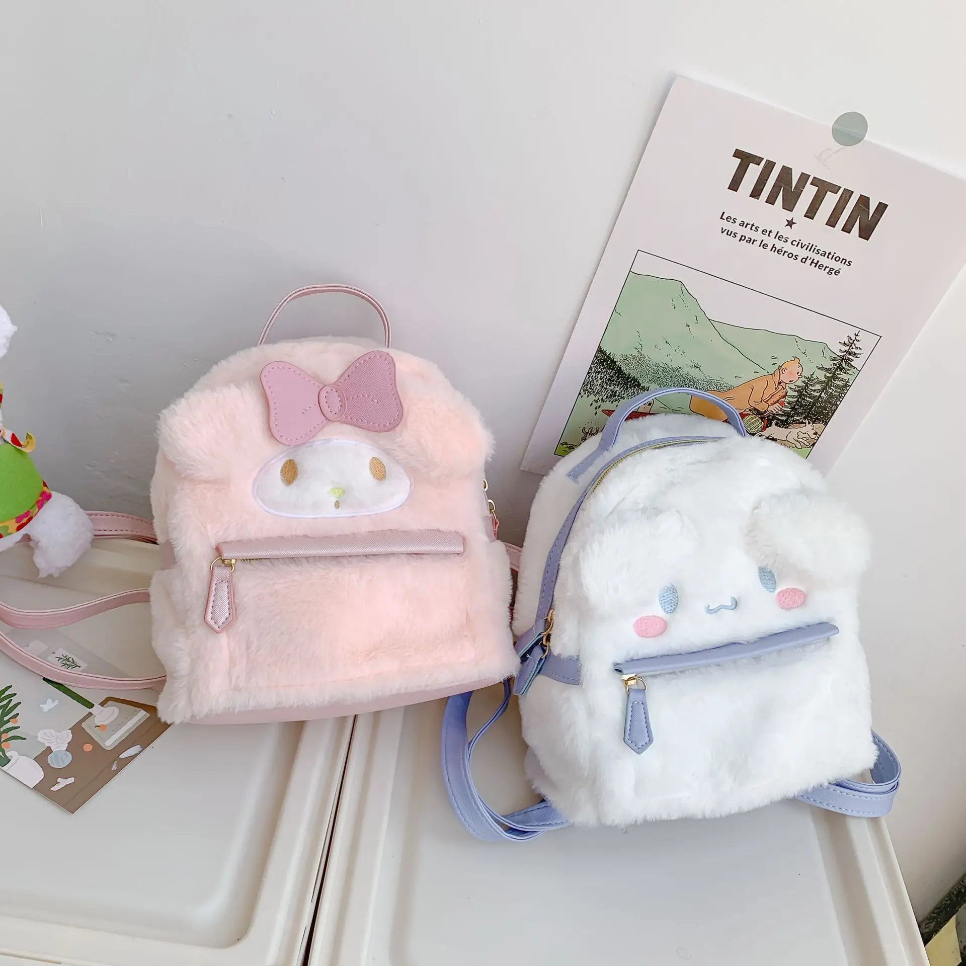 Kawaii Sanrioed My Melody Cinnamoroll Cartoon Plush Bag Anime Soft Stuffed Animals Plushie Backpack Girls Doll Christmas Gifts