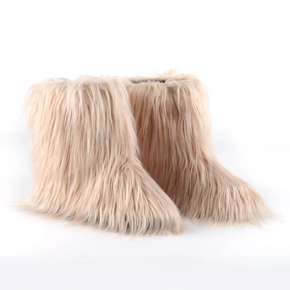 2022 Women Winter Snow Boots Outdoor Faux Wool Boots Luxury Furry Curly Fur Boots Woman Plush Warm Platform Shoes Large Size 44