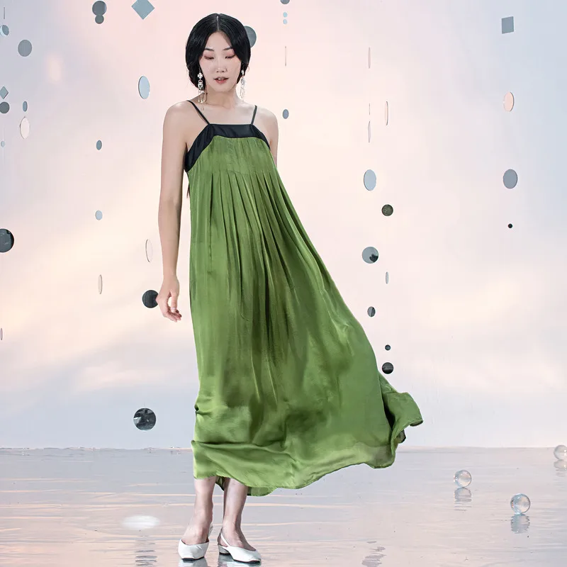 

A Life On The Left Women Suspended Dress 2023 Summer Sleeveless Original Rose Fiber Pleated Design Contrasting Colors Skirt