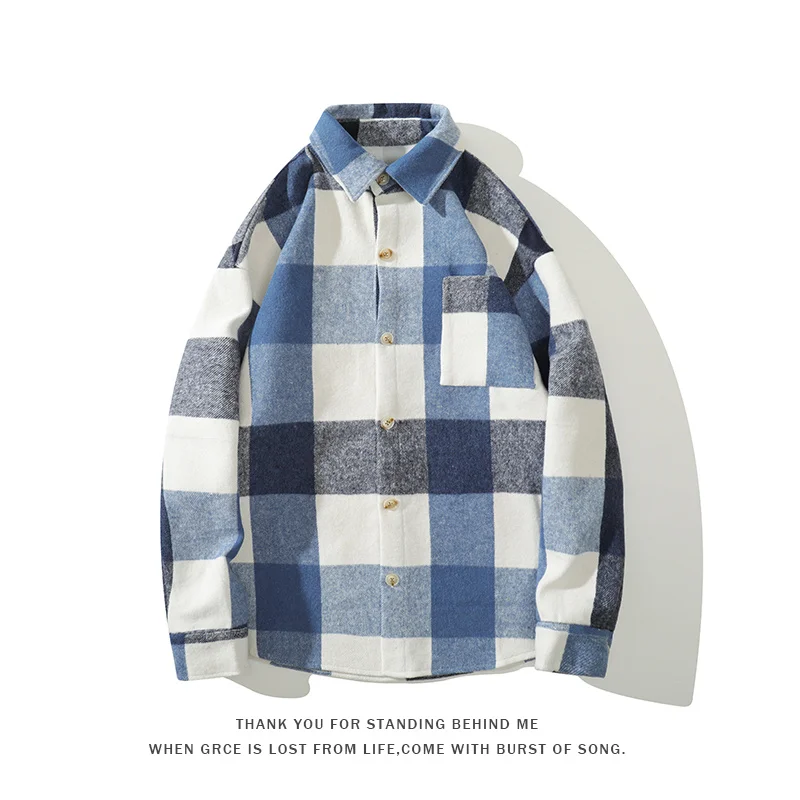 

Woolen Shirt Men Fashion Oversized Retro Plaid Shirts Men Streetwear Loose Long Sleeved Shirt Mens Short Woolen Coat Plus Size