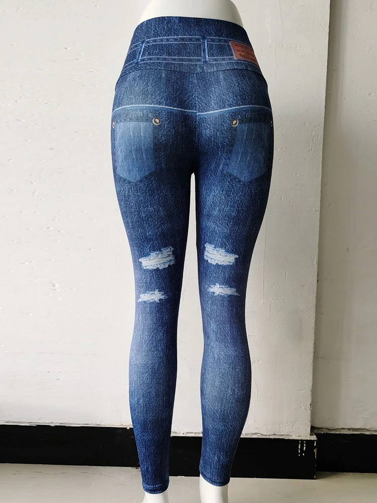 Booty Lifting Print Faux Jeans High Waist Leggings Women Fitness Push Up GYM Sport Leggins Workout Jeggings