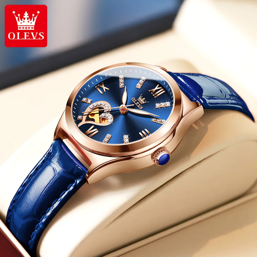 OLEVS Fashion Trend Luminous Automatic Mechanical Womens Watches Blue Leather Strap Luxury Diamond Rose Gold Case Watch Women