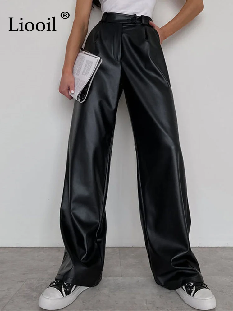 

Liooil Faux Leather Straight Leg Pants Women High Waist Black Gray Brown Slacks With Pockets Autumn Streetwear Loose Long Pants