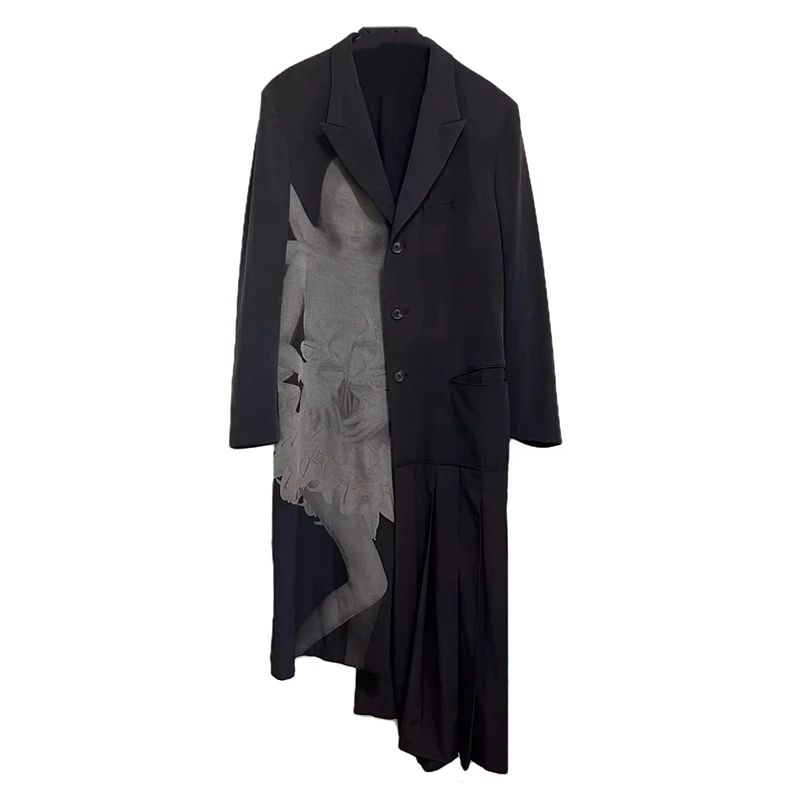 

Yohji Yamamoto Men's Mid-length Windbreakers Japanese Autumn/Winter New Ashura Pattern Printed Pleated Half Skirt Coat Women