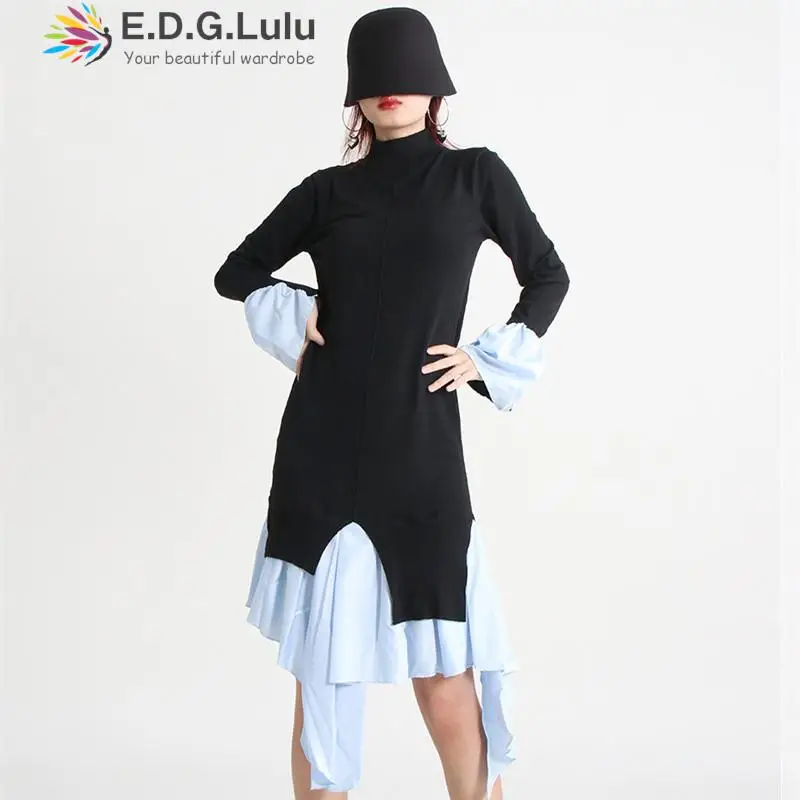 

EDGLuLu 2022 Office Stand Collar Long Sleeve Knitting Dress Casual Black Knitted Patchwork Asymmetrical Ruffle Long Dress 1208