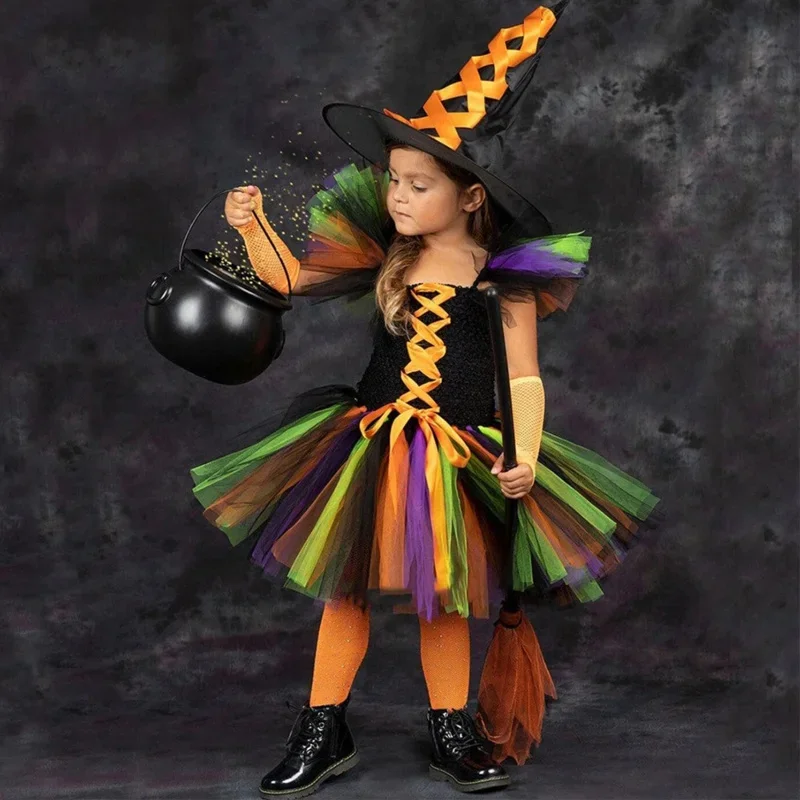 Костюм ведьмы на Хэллоуин для детей нарядное платье-пачка девочек платье шляпа