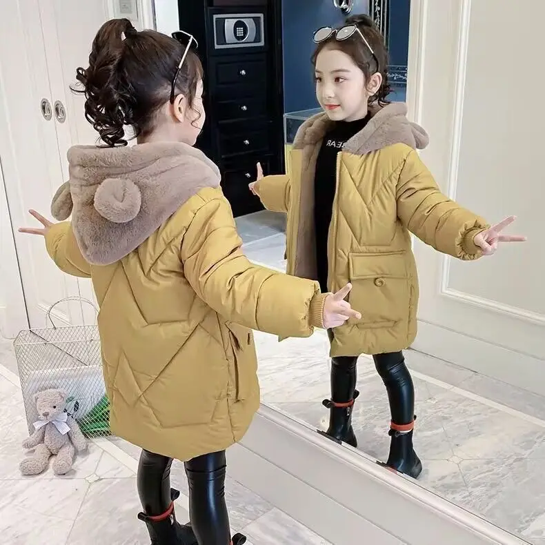 

Autumn and winter 2023 new baby cotton padded jacket boys and girls solid color medium length down jacket simple children's coat
