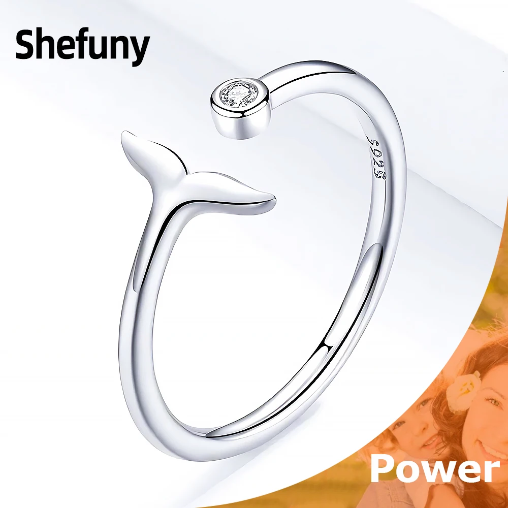 

925 Sterling Silver Mermaid Fish Tail Adjustable Finger Rings Round Cubic Zirconia Open Size Rings For Women Fine Jewelry Party
