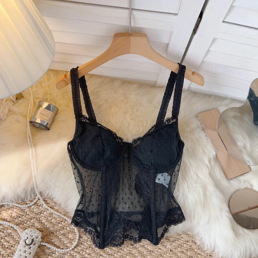 

Сексуальная прозрачная сетчатая майка в горошек Foamlina, элегантный женский летний черный топ с цветочным кружевом, облегающий Топ