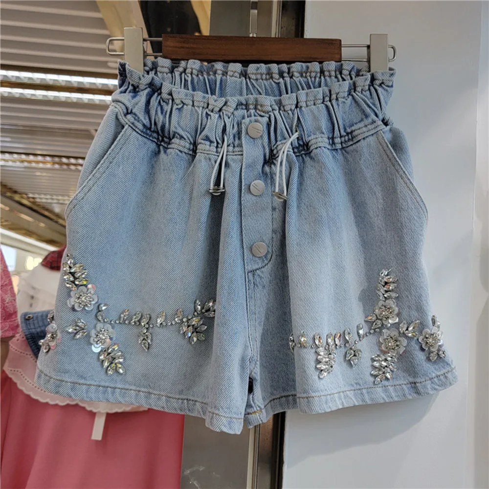 Женские джинсовые шорты Стразы с цветочным принтом Новинка лета 2022 свободные