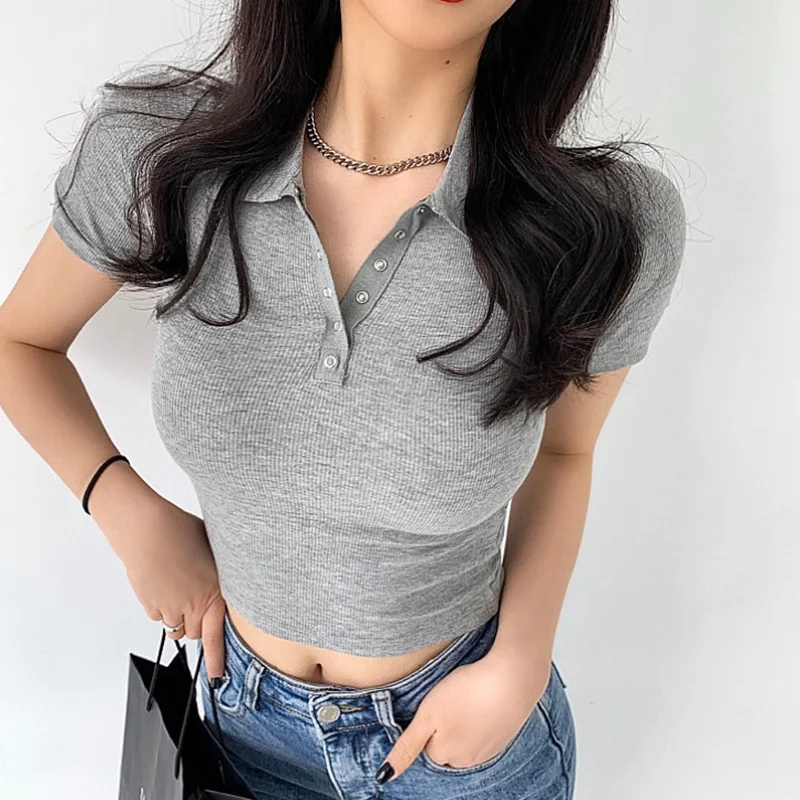 

Футболка Rimocy женская с отложным воротником, облегающий кроп-топ с коротким рукавом, однотонная уличная одежда в Корейском стиле, лето 2023