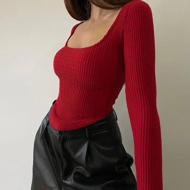 

Red Top Fall Shirts For Women 2022 Elegant Feminine Shirts Sexy Long Sleeve U Ribbed Cute Crop Top 2000s Clothes Y2k Streetwear