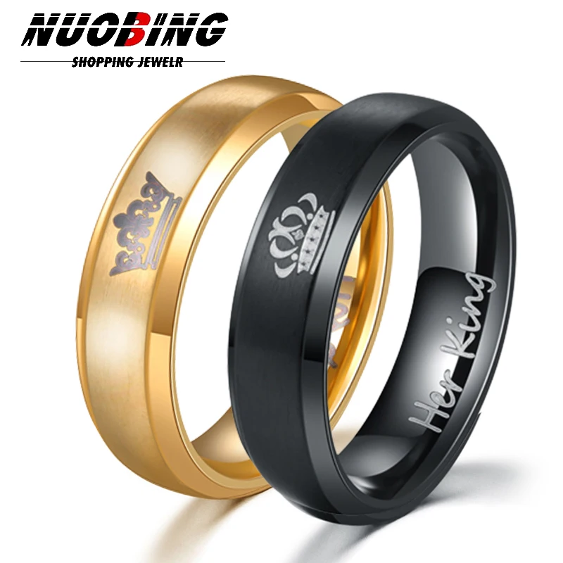 

6MM Gold Black Stainless Steel Double Beveled Crown Men Women Wedding Ring Charm Jewelry Never Fade One-piece Hair Generation