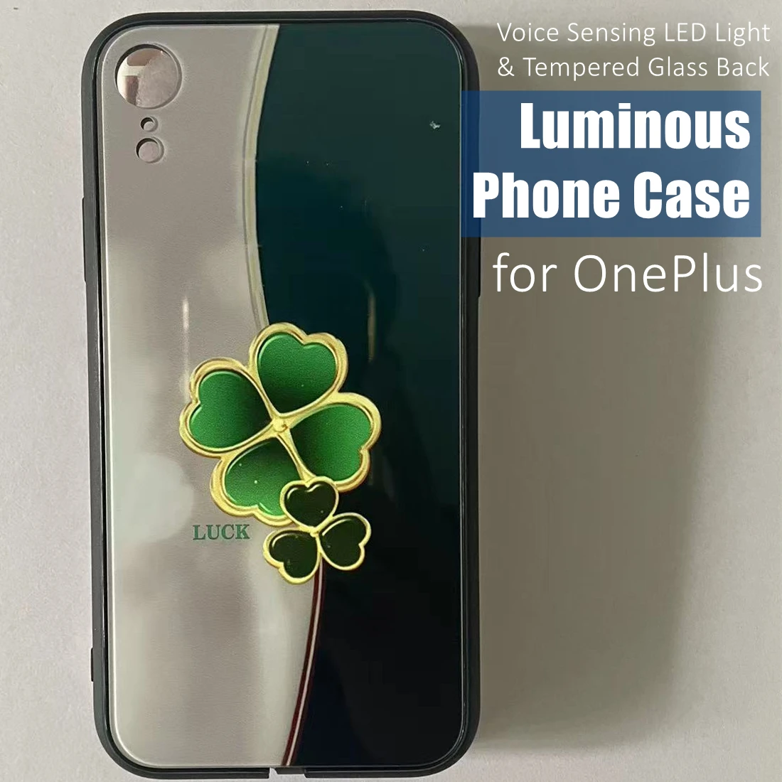 

Colorful Clover LED Light Glow Luminous Tempered Glass Back Phone Case for OnePlus 6 6T 7 7T 8 8T 9 9R 10 Ace Nord N20 N200 Pro