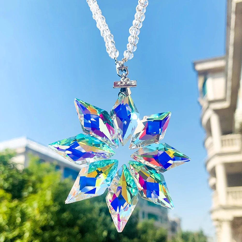 Color Snowflake Crystal Pendant Glass Art Crystal Prism Carving Hanging Ornament Rainbow Maker Car Pendant Decoration Supplies