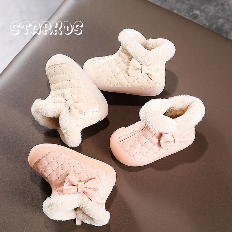 Little Girl Pink Fur Boots Cute Cartoon Ear Baby Ankle Booties Toddler Child Checkered Soft  Plush Winter Bootins  with Bow
