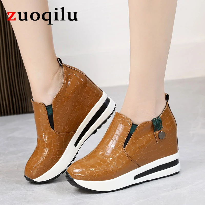 Wegde heel shoes for women height increasing sneakers slip on loafers women PU Leather casual shoes women Platform sneakers