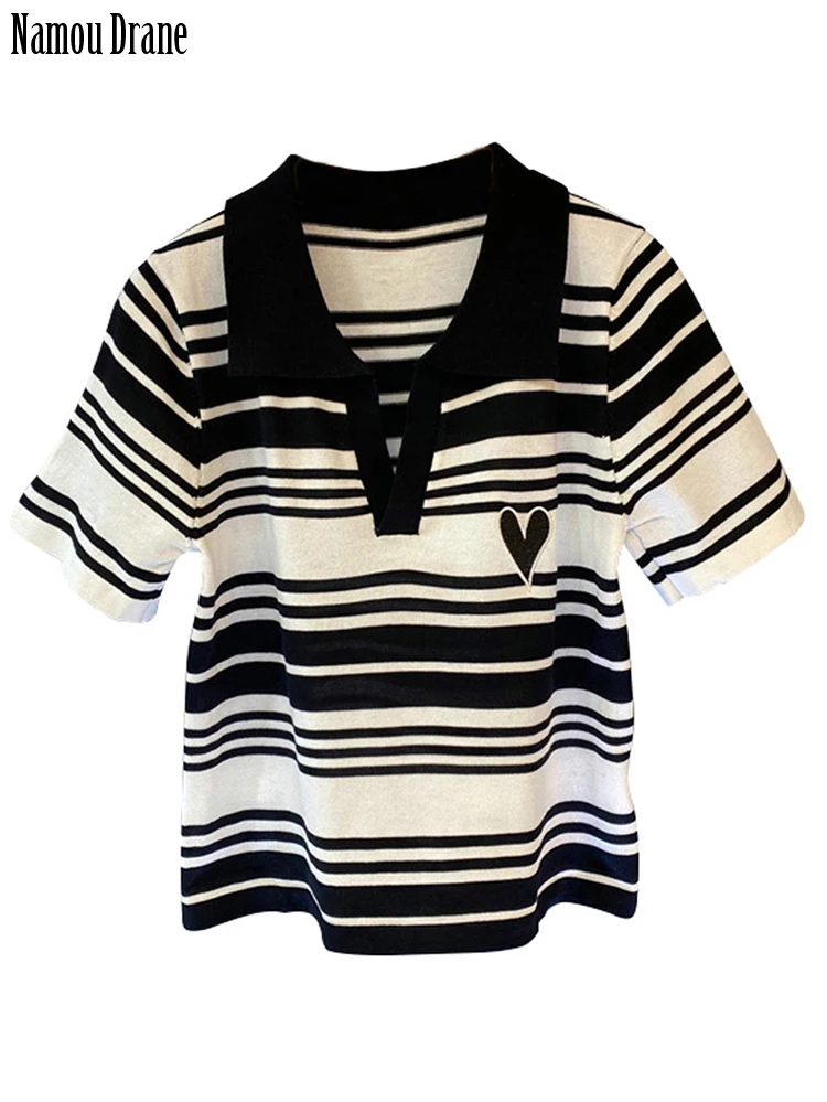 

Женская трикотажная футболка-поло Namou Drane, в полоску, с коротким рукавом, в Корейском стиле, Новинка осени 2022