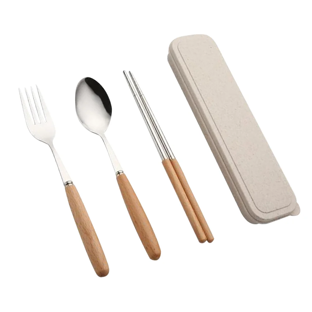 

3 Pcs Serving Utensils Stainless Steel Flatware Set Spoon Dinner Service Tableware Wooden Portable Tableware Travel
