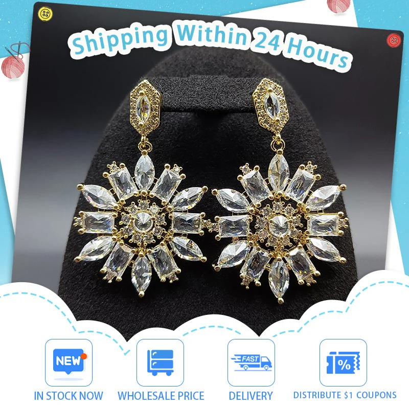 

JICAI Zircon Crystal Flower Drop Earrings Luxury Sweet French Retro Elegant Earrings For Women Girl Wedding Brides Party Jewelry