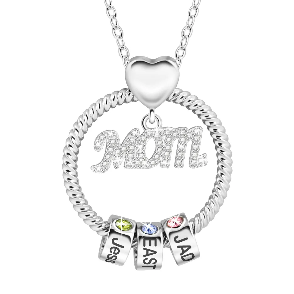 Fashion Collier Gold Plated Mom Necklace Custom Name 12 Birthstone Beads Zircon Round Pendant Women Jewelry