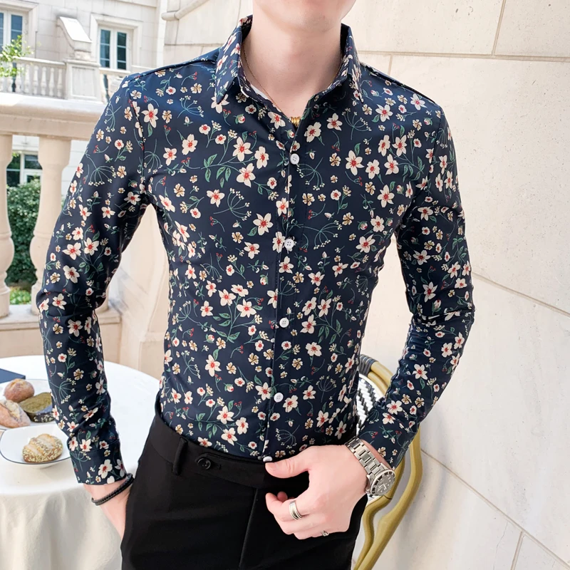2022 New Korean Men's Flower Shirts Long Sleeve Casual Business Formal Shirt Slim Fit Streetwear Social Party Tops Chemise Homme