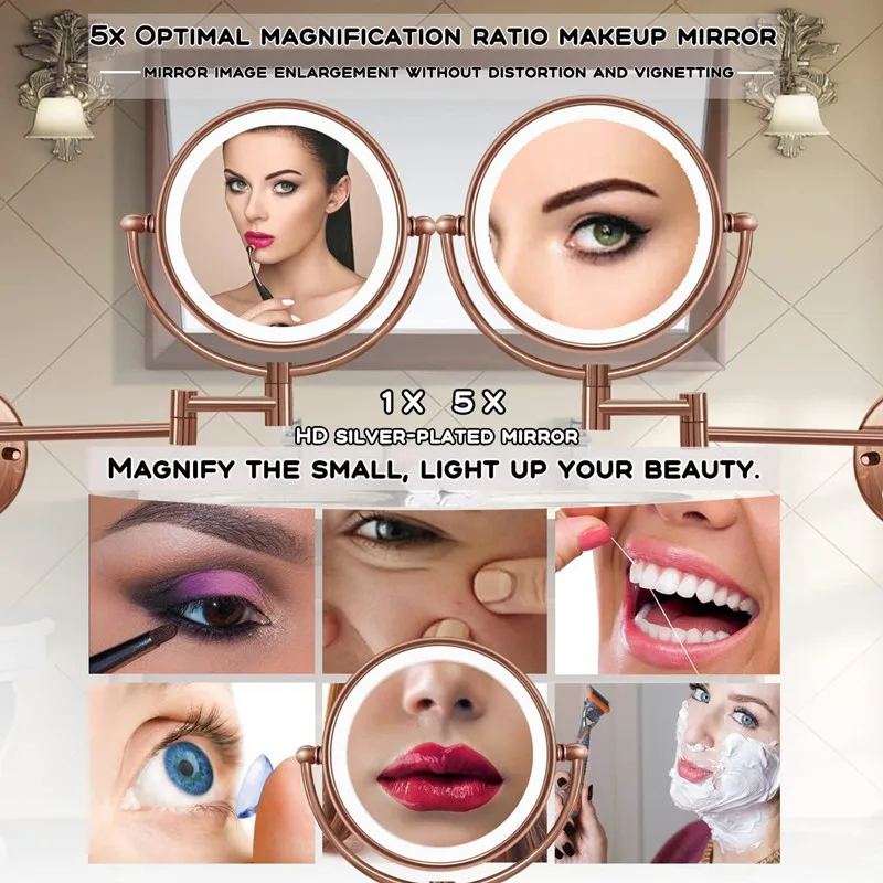 Розовое золото 8-дюймовые сенсорные зеркала для ванной комнаты двусторонние