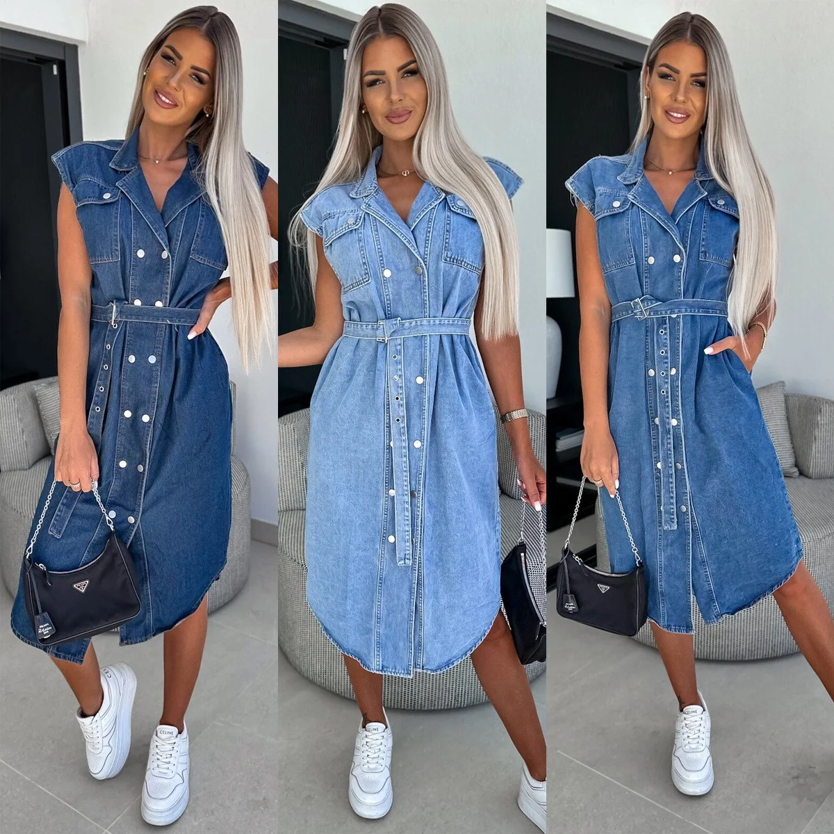 

2023 Casual Lapel No Cuff Buttons, Open Chest Cinched Waist Tie-up Denim Dress