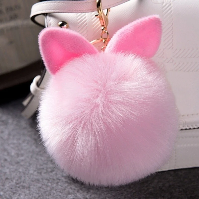 

Trinket Rabbit Bunny Keychain Pompon Fluffy Women Ear Fur Ball Chain Rings Bag Femme Pom Key Ring