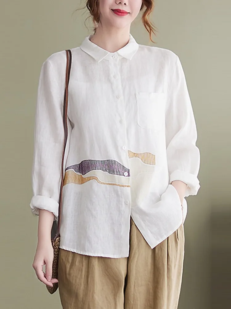 

Women Long Sleeve Casual Shirts New 2022 Spring Simple Style Vintage Embroidery Loose Female Cotton Linen Tops Shirt B1658